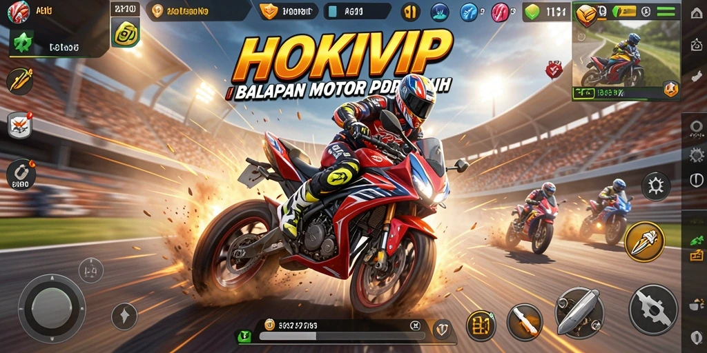 Screenshot HOKIVIP menunjukkan aksi balapan motor yang mendebarkan.